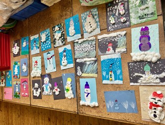 Pictures of snowman art created by children and older people