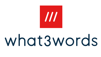 What3words logo, red box and blue text