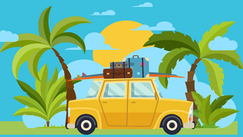 Animated picture of a car with palm trees and the sun.