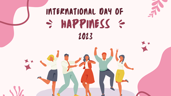 Pink International Day of Happiness with people cheering