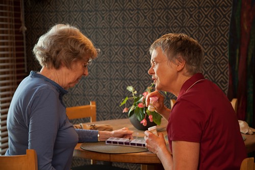 Female carer and female client taking medication